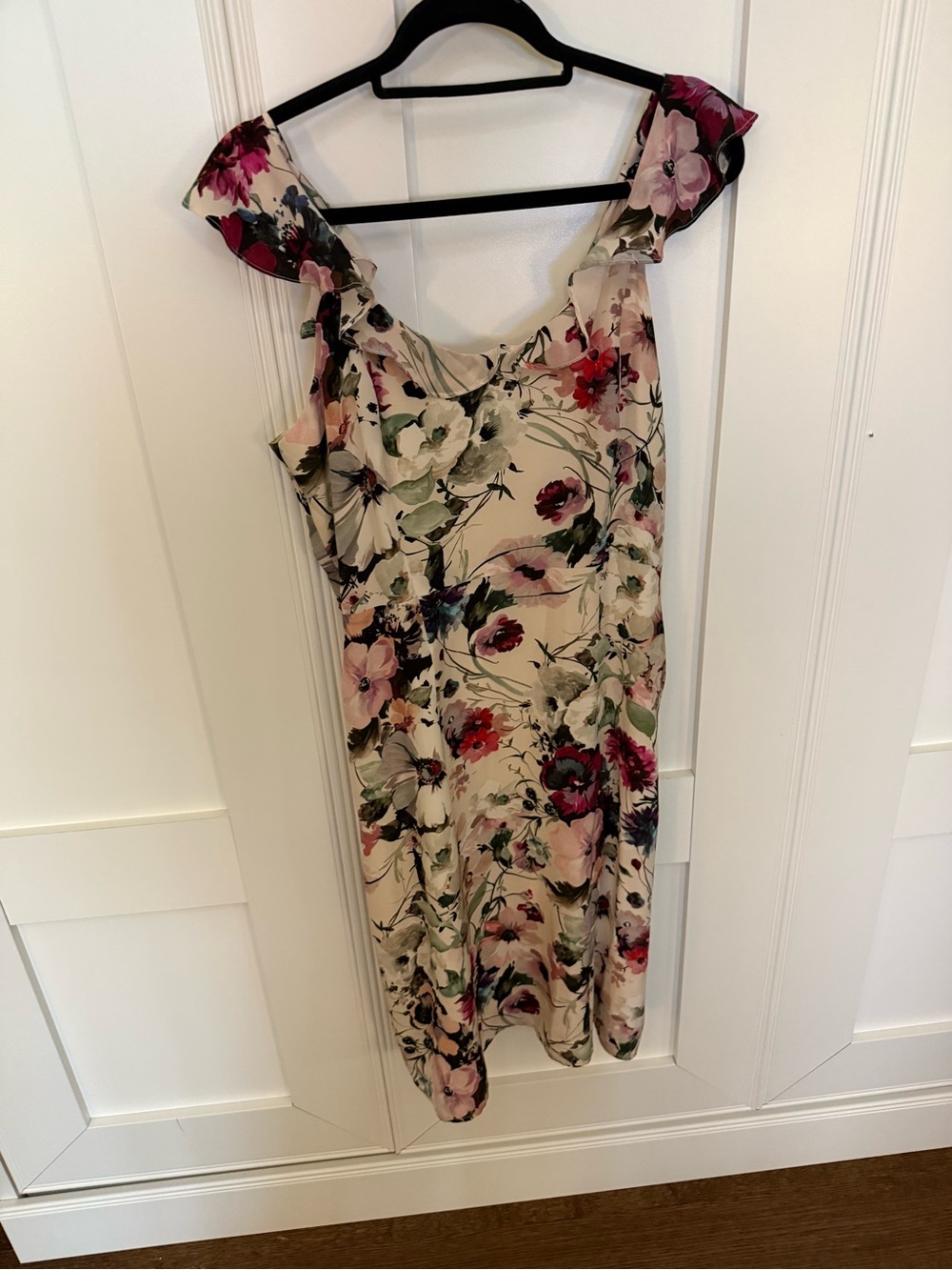 Amour Vert Cream Floral Midi Dress with Pink, Green & Red Accents